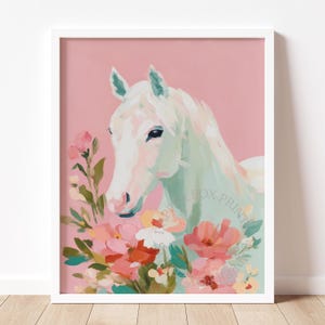 Weißes Pferd und florale Pastelle Illustration, Romantische Kinderzimmer Kunst (Digitaler Download) 651