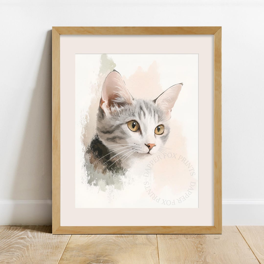 Gray Tabby Cat Wall Art - Printable Cute Modern Watercolor Portrait ...