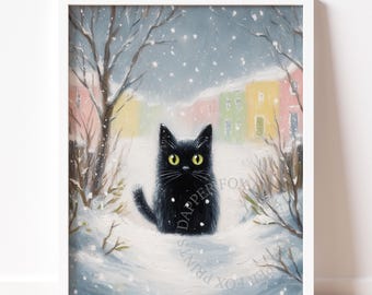 Black Cat in Snow Pastel Art, Cozy Winter Nursery Illustration (Digital Download) 271