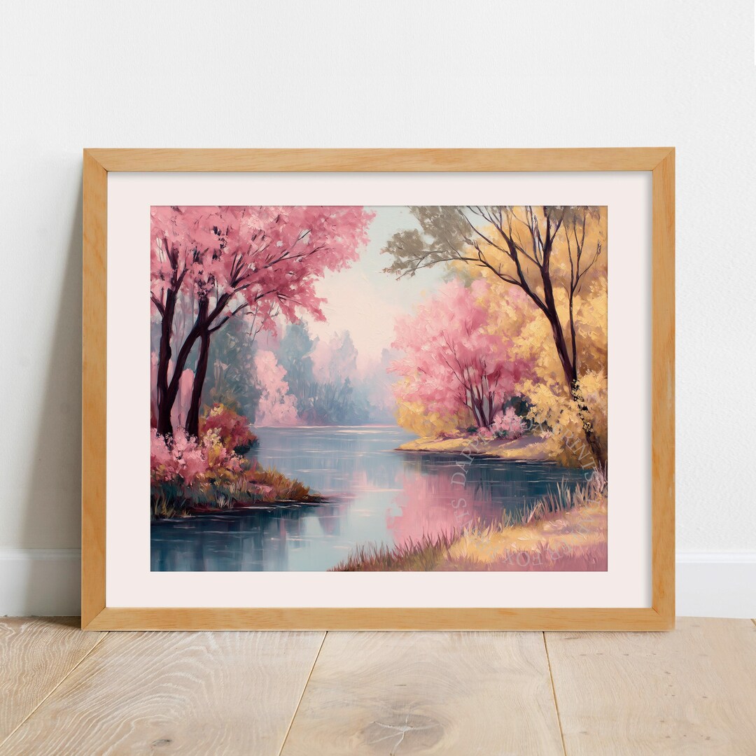 Pastel Spring Landscape Art Print: Cottagecore Nature Scene (digital ...