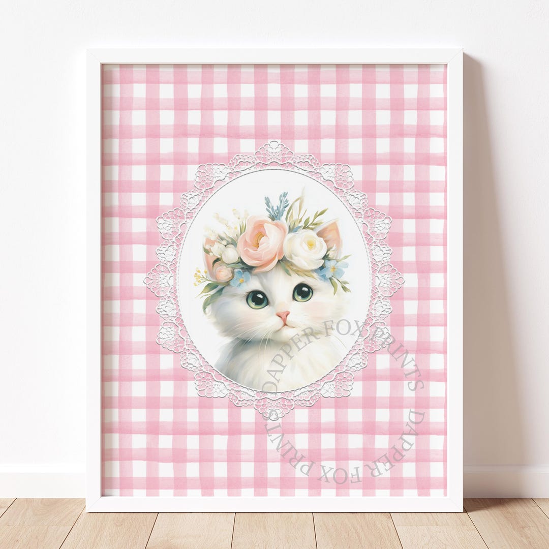 White Kitten Floral Crown Portrait Print, Shabby Chic Nursery Decor ...