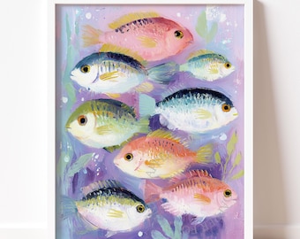 パステル画の魚：ガーリーな水彩画風の海岸アート（デジタル