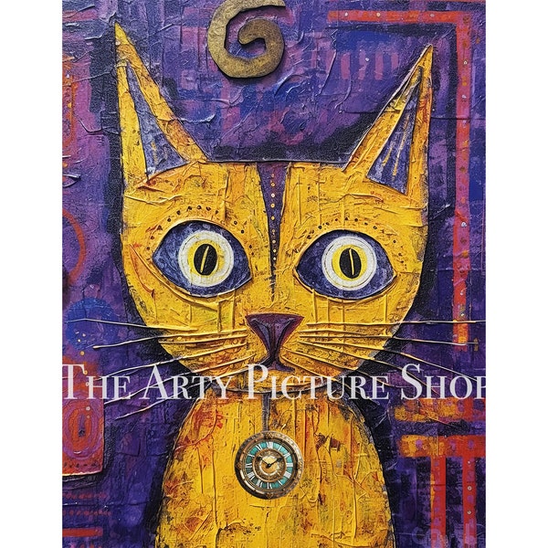 Funny Purple Cat Steampunk Mixed-Media Painting, Printable Art Instant Download, Commercial Use