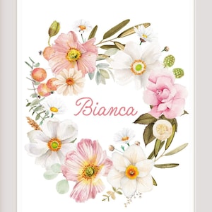 Peut inclure: Un fond blanc avec une couronne florale de fleurs roses, blanches et pêche. Le nom "Bianca" est écrit en cursive rose au centre de la couronne.