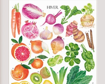 Vinteraffisch: Säsongens frukter och grönsaker, akvarell botanisk illustration, köksaffisch, färgglad väggdekoration, restaurangdekor