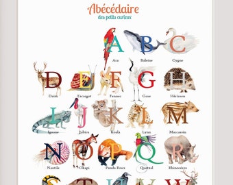 Abécédaire animaux aquarelle alphabet cadeau anniversaire pour chambre enfant Abc affiche Baby shower grande Impression illustration animal