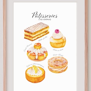 French pastries kitchen wall art Restaurant decoration gift for a foodie house warming birthday mother&#39;s day watercolor food illustration