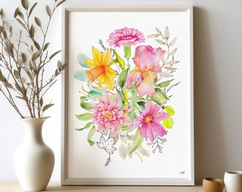 Watercolor bouquet of birth flowers to order Personalized family and couple gift, floral family portrait print poster