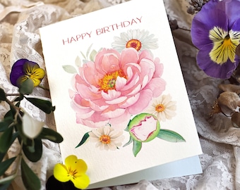 Carte d'anniversaire à imprimer motif floral pivoine joyeux annniversaire dessin fleurs carte aquarelle fleurie numérique téléchargeable