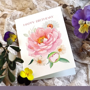 Carte d'anniversaire à imprimer motif floral pivoine joyeux annniversaire dessin fleurs carte aquarelle fleurie numérique téléchargeable