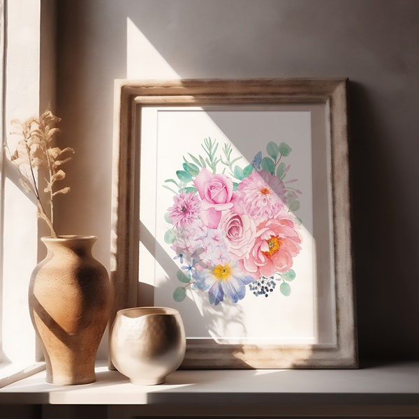 Affiche Bouquet de fleurs à l'aquarelle Pivoine Rose Dahlia Tulipe Hydrangea Décoration fleurie Cadeau pour elle Déco murale florale