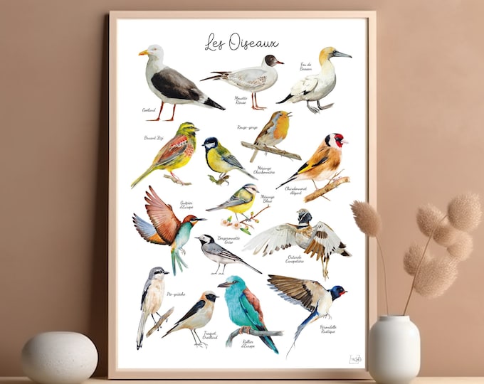 Poster birds watercolor illustration print painted by human