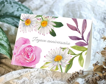 Carte d'anniversaire à imprimer Aquarelle motif floral rose et pâquerette Peinture joyeux annniversaire fleurie carte de voeux numérique