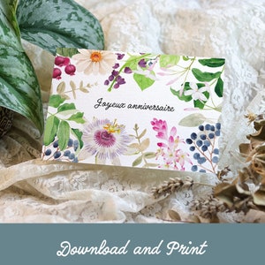 Carte pliée avec inscription Joyeux anniversaire. Aquarelle florale et feuillage. Passiflore, Zinnia, Jasmin, Eucalyptus et diverses baies. Joli ensemble de couleurs soutenues.
Fichier numérique de la carte à télécharger, imprimer et découper.