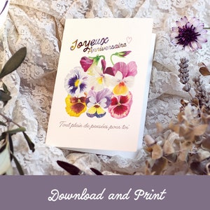 Carte anniversaire à imprimer fleurs aquarelle pensées à personnaliser illustration botanique greeting card imprimable download numérique