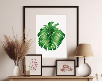 Monstera deliciosa watercolor leaf painting Urban jungle wall art houseplant botanical illustration Swiss cheese plant gift for plant lover