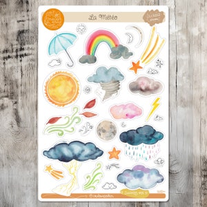 Stickers Météo planche autocollants météorologie Lune Nuage aquarelle bullet journal décoration ordinateur portable déco carnet météo