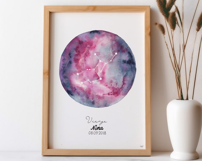 Handgemaltes Poster Sternzeichen, personalisiertes Horoskop, handgeschriebenes Astrologie-Geschenk, authentische Aquarell-Illustration, Nebel