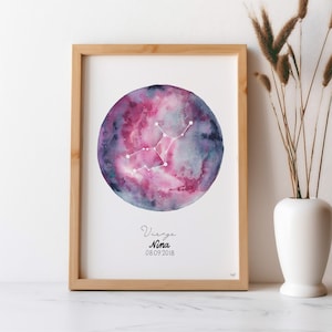 Hand painted custom zodiac poster watercolor Astrological sign Gift for her Constellation Horoscope gift idea Celestial star decoration