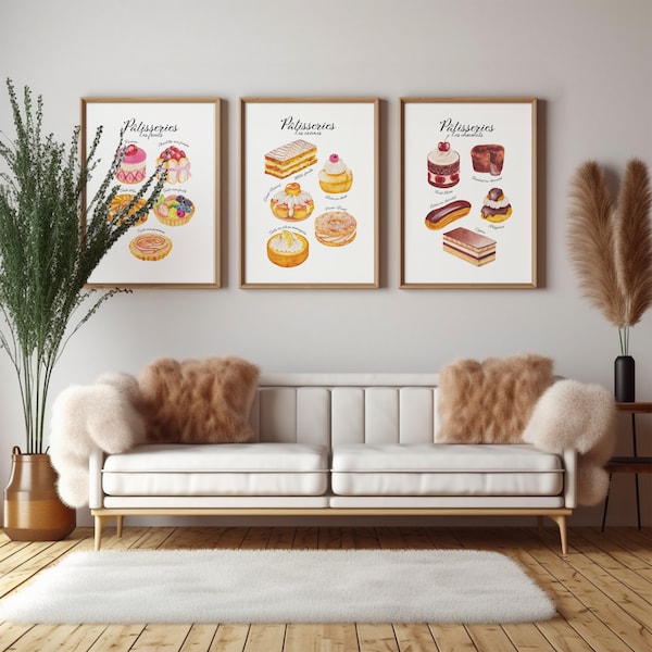 Pâtisserie française aux fruits Affiche aquarelle décoration de cuisine art mural, cadeau pendaison crémaillère anniversaire fête des mères