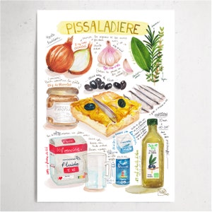 Pissaladière recipe niçoise from Nice French Riviera watercolor illustration restaurant poster kitchen decoration housewarming gift food art