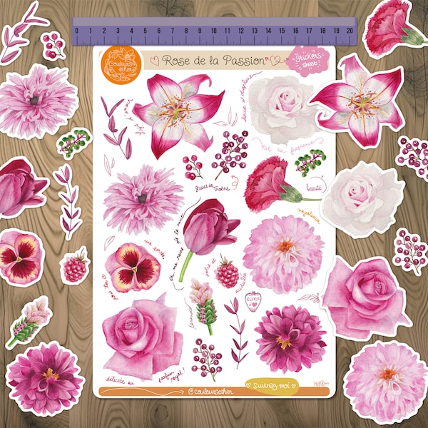 Stickers Fleurs aquarelle bullet journal déco carnet romantique rose dahlia Planche florale lys autocollant tulipe pour cahier girly féminin