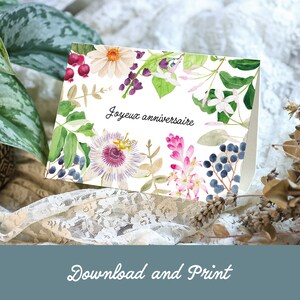 Printable birthday card, Watercolor Jasmine and Passionflower, printable happy birthday card, digital birthday card image 2