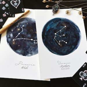Hand painted custom zodiac poster watercolor Astrological sign Gift for her Constellation Horoscope gift idea Celestial star decoration