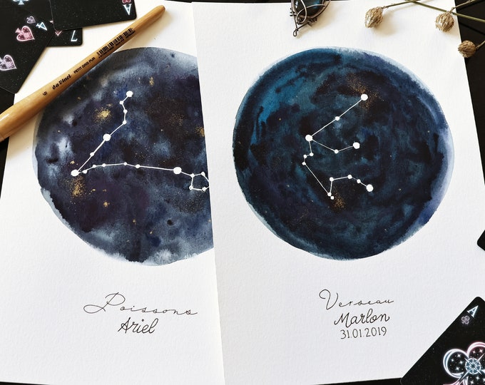 Handgemaltes Poster Sternzeichen, personalisiertes Horoskop, handgeschriebene Astrologie, authentisches Geschenk, Aquarell-Illustration mit Vergoldung