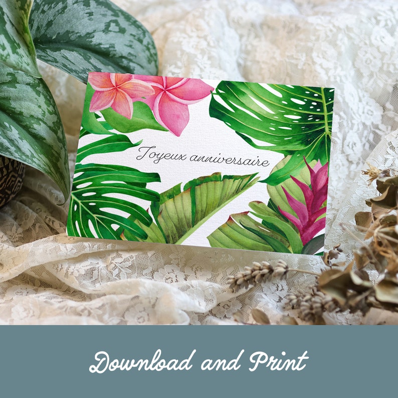 Carte d'anniversaire à imprimer Aquarelle plantes tropicales carte joyeux annniversaire imprimable fleurie carte anniversaire numérique image 2