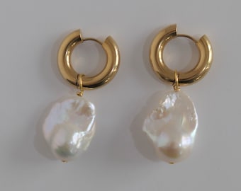 Large Baroque Pearl Earrings, Chunky Baroque Pearl Hoops, Real Pearl Earrings Chunky Gold Hoops,  Big Pearl Hoop Earrings