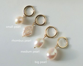 Pearl Huggie Earrings |  Baroque Pearl Hoops Earrings | Gold Pearl Huggies | Small Pearl Drop Earrings | Sterling Silver Pearl Huggie Hoops