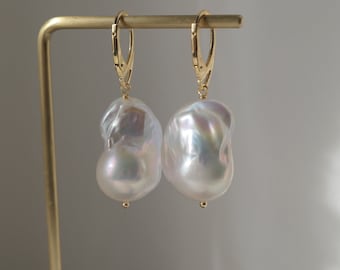 Large Baroque Pearl Earrings, Sterling Silver Gold Vermeil, Rose Gold Components, Bridal Earrings Pearl, AAA Flameball Pearls