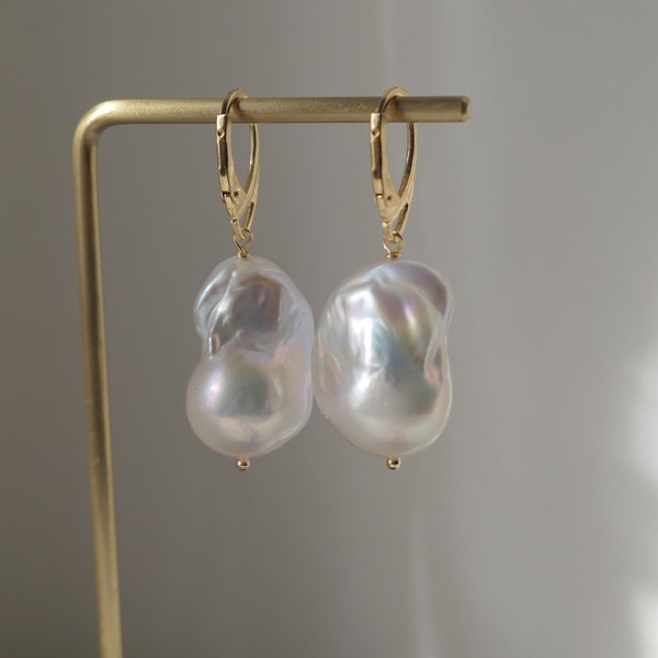 Boucles d'oreilles grandes perles baroques, argent sterling or vermeil, composants en or rose, boucles d'oreilles nuptiales perle, perles AAA Flameball