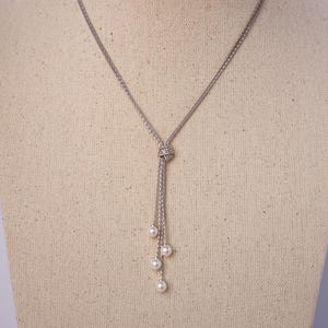 Sterling Silver Pearl Lariat Necklace: Swarovski Crystal Drop