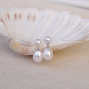 Double Pearl Earrings, Teardrop Pearl Earrings, Drop Fresh Water Pearl Earrings, Pearl Earrings Wedding, Bridal Pearl Earrings zdjęcie 4