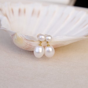 Boucles d'oreilles double perle, Boucles d'oreilles en forme de larme, Boucles d'oreilles goutte d'eau douce, Boucles d'oreilles en perles de mariage, Boucles d'oreilles en perles pour la mariée image 2