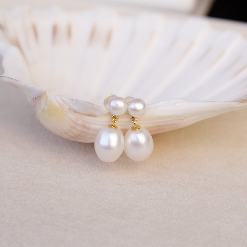 Double Pearl Earrings, Teardrop Pearl Earrings, Drop Fresh Water Pearl Earrings, Pearl Earrings Wedding, Bridal Pearl Earrings image 2