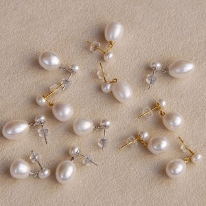 Double Pearl Earrings, Teardrop Pearl Earrings, Drop Fresh Water Pearl Earrings, Pearl Earrings Wedding, Bridal Pearl Earrings zdjęcie 6