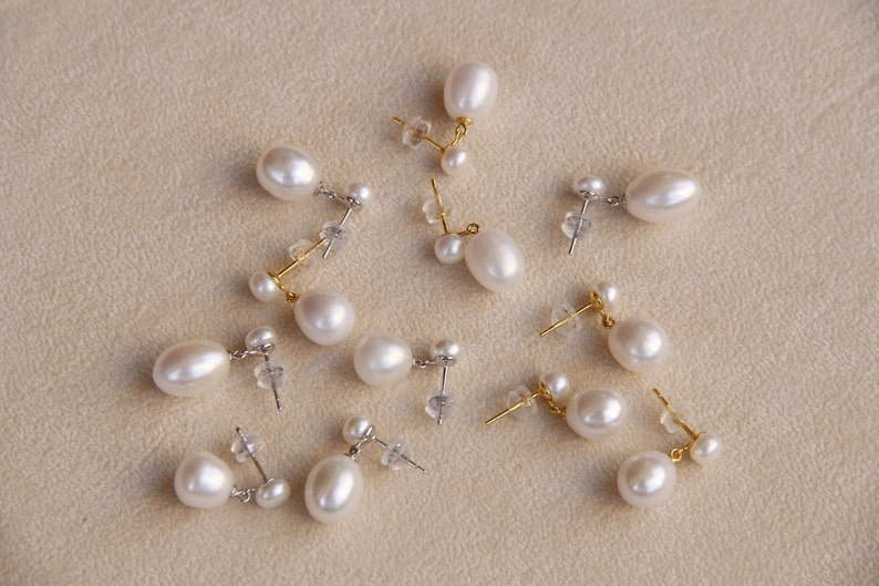 Double Pearl Earrings, Teardrop Pearl Earrings, Drop Fresh Water Pearl Earrings, Pearl Earrings Wedding, Bridal Pearl Earrings zdjęcie 6