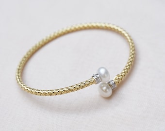 Pulsera de puño de perlas, brazalete de puño de perlas italianas en plata de ley vermeil cz de oro de 18k, pulsera de perlas, pulsera de perlas texturizada, brazalete de perlas