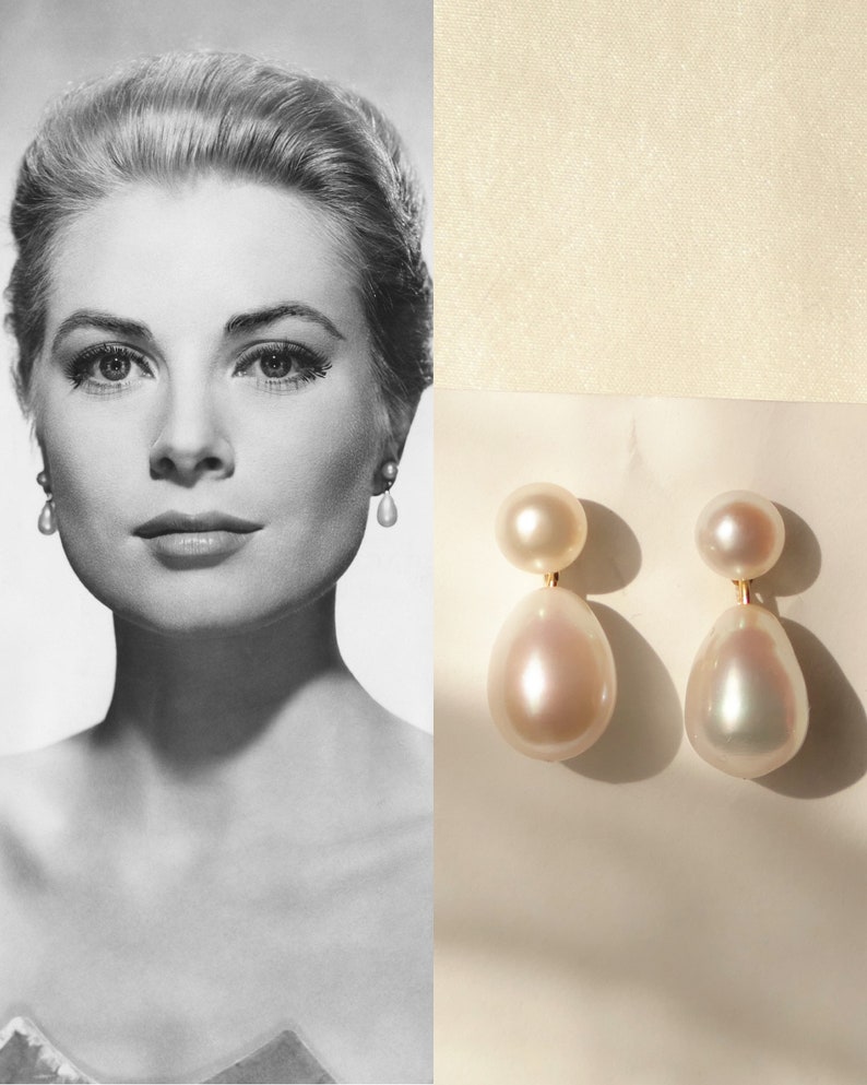 Pendientes de perlas dobles, pendientes de perlas de lágrima, pendientes de perlas de agua dulce, pendientes de perlas de boda, pendientes de perlas nupciales imagen 1