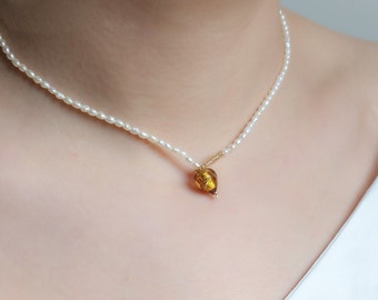 Tiny Pearl Necklace, Small Pearl Necklace, Mini Pearl Necklace, Pearl Choker Necklace with Broque Pearl and Murano Glass Heart from Venice