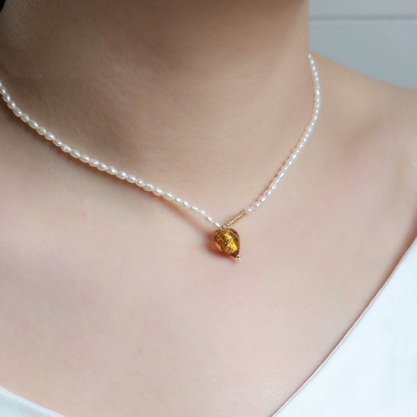 Tiny Pearl Necklace, Small Pearl Necklace, Mini Pearl Necklace, Pearl Choker Necklace with Broque Pearl and Murano Glass Heart from Venice
