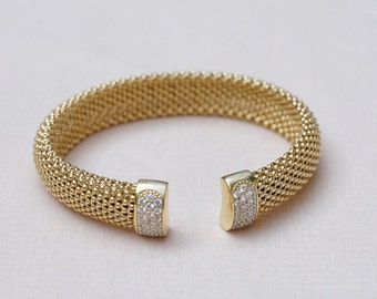 Italian Tubogas Bracelet in 18k gold 925 sterling silver with cz diamonds, Wide flex cuff bracelet, Gold cuff bracelet, Gold Vermeil Bangle