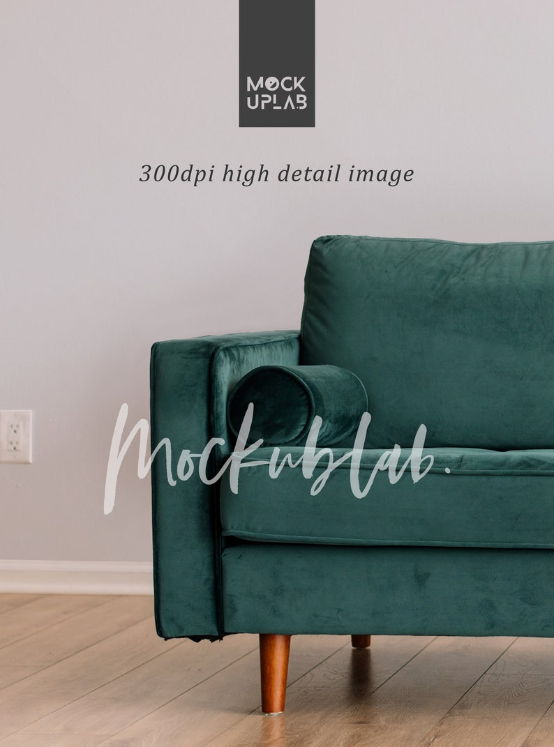 May include: A dark green velvet sofa with a matching pillow. The sofa has wooden legs and is sitting on a light wood floor.