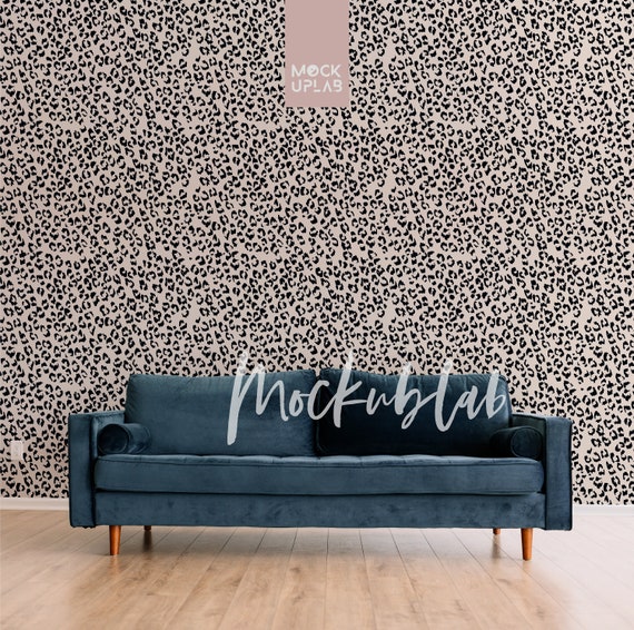 REAL PHOTO mock up - luxe modern living room interior wall mockup for wallpaper - high resolution (no AI) - color changing velvet sofa