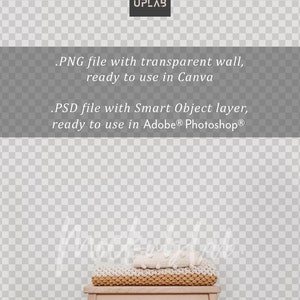 May include: A wooden stool with a white and beige knitted blanket and a beige crocheted throw on top. The stool is in front of a white wall with a checkered pattern.