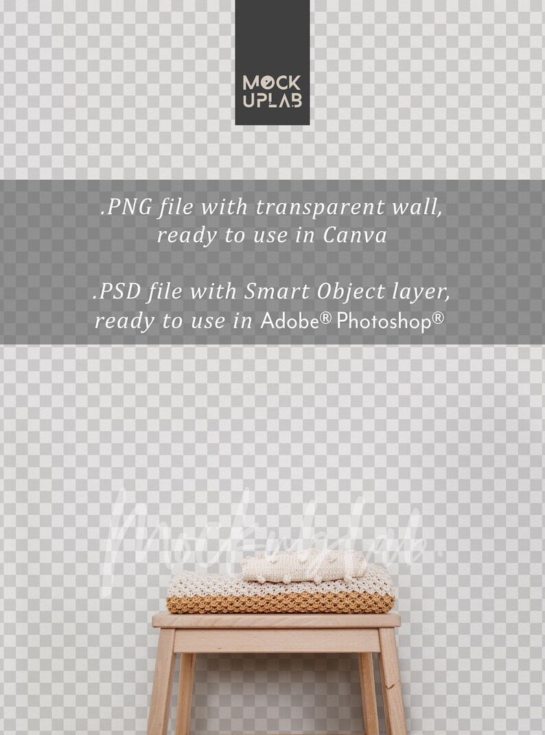 May include: A wooden stool with a white and beige knitted blanket and a beige crocheted throw on top. The stool is in front of a white wall with a checkered pattern.