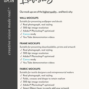 May include: A graphic design mockup template for presenting wallpaper, prints, and artwork. The template includes a real photograph, real styling, and is optimized for Adobe Photoshop and Canva. It also includes YouTube demonstration videos.